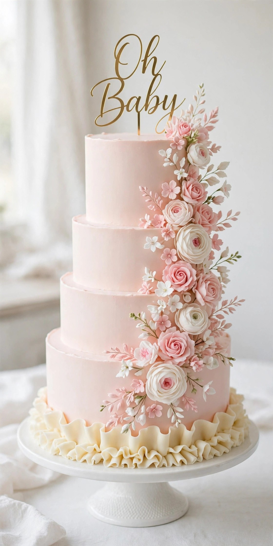 blush pink baby shower cake with Oh Baby gold topper and sugar flowers