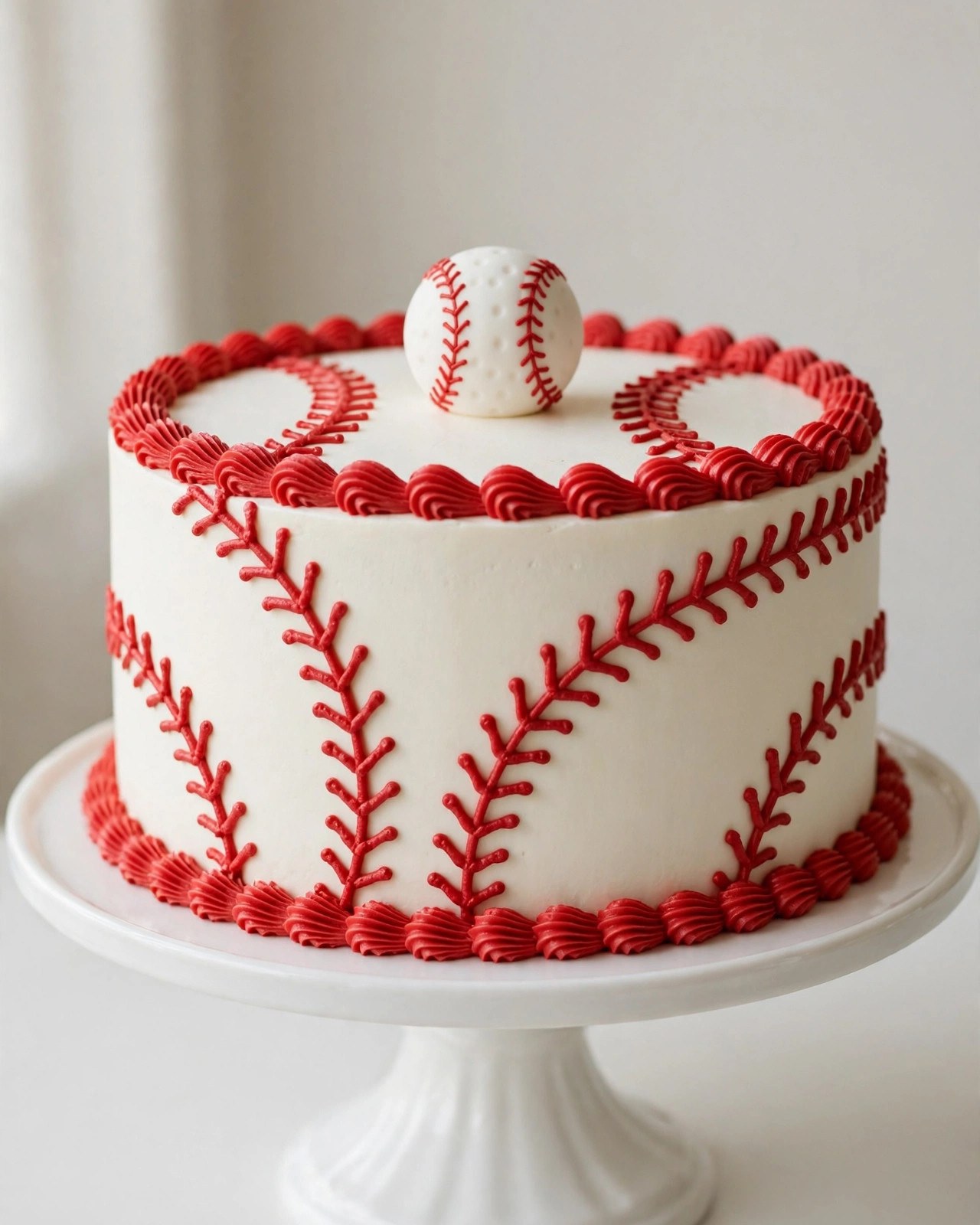 Baseball-themed birthday cake design with red piped stitching