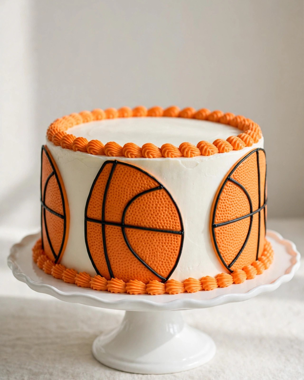 Basketball-themed birthday cake design with basketball-textured frosting panels