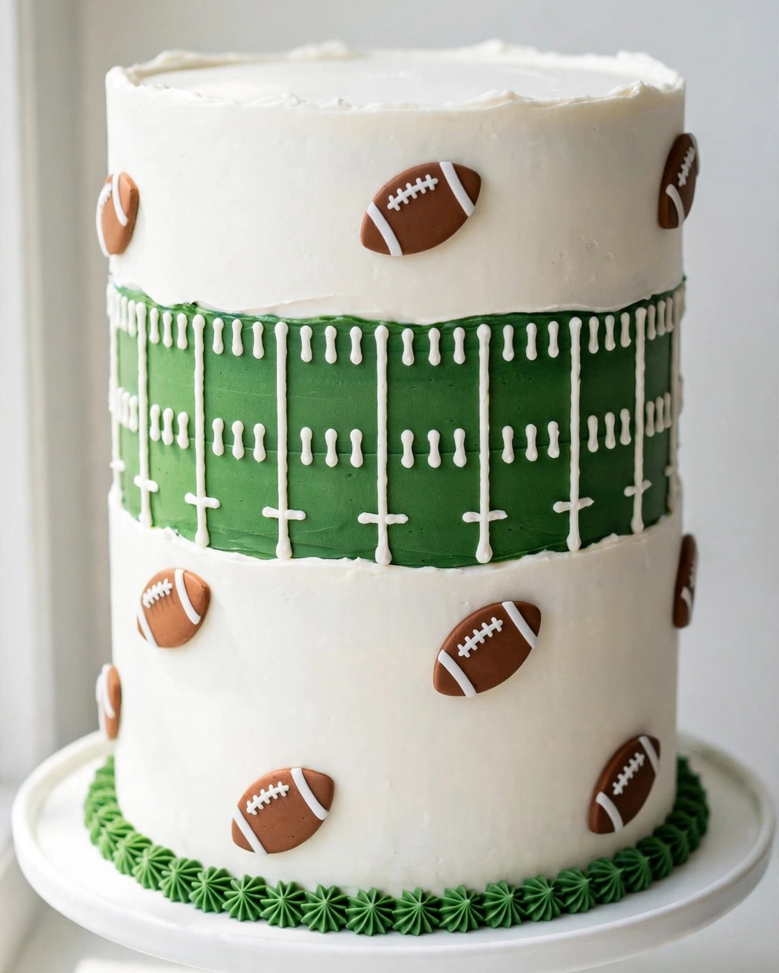 American football-themed birthday cake design with yard-line field band