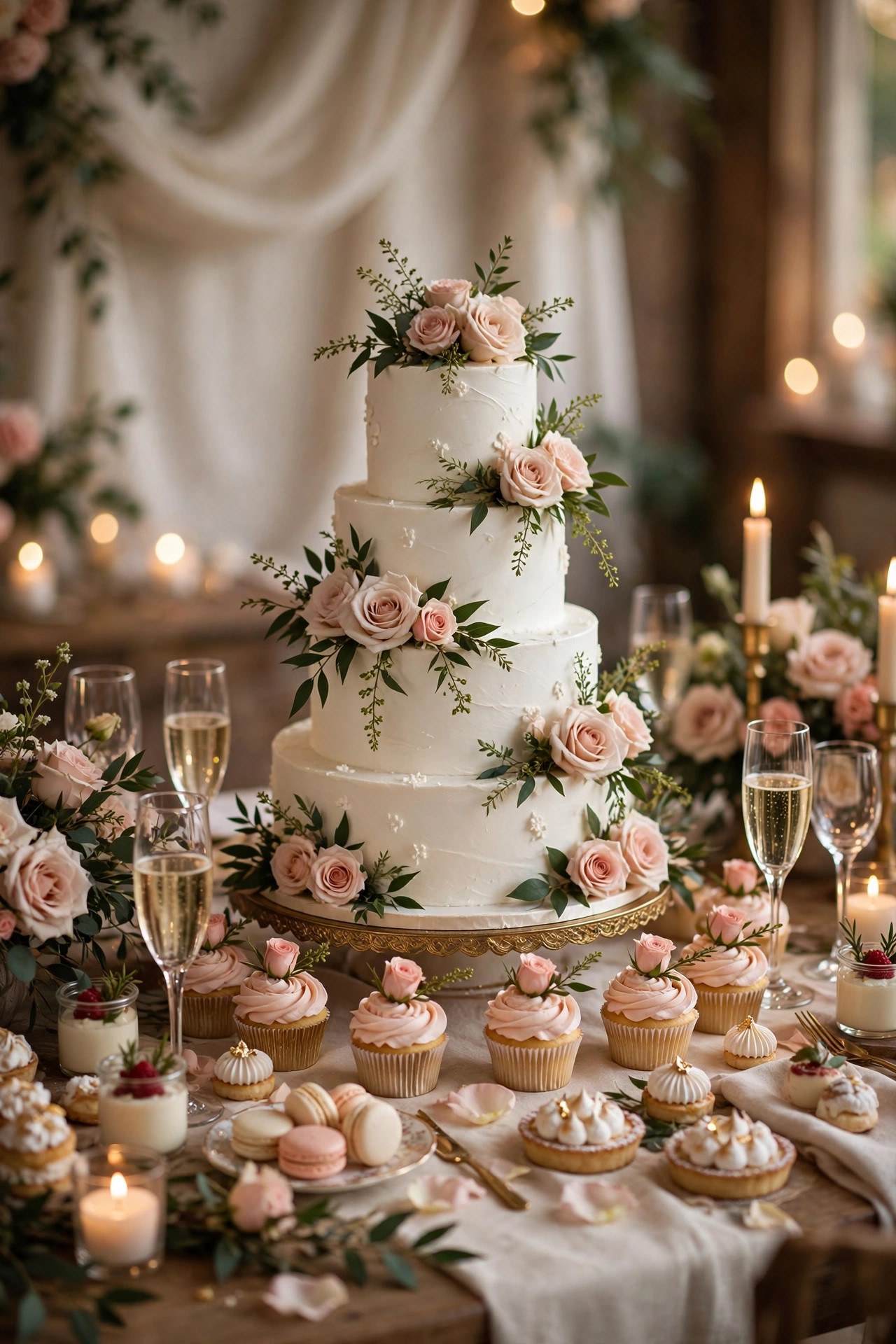 elegant tiered wedding cake with blush roses on a dessert table with cupcakes and candles